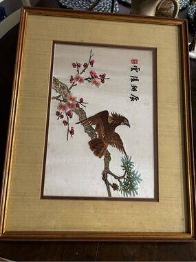 Vintage Framed Chinese Silk Embroidered Bird, Cherry Blossom Artwork -